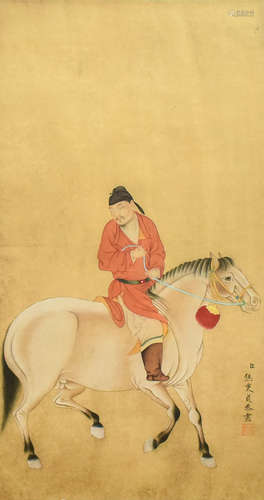 JIAO BINGZHEN: INK AND COLOR ON SILK PAINTING 'HORSE RIDER'