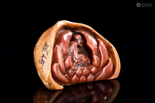 SHOUSHAN SOAPSTONE CARVED 'ARHAT' SEAL STAMP