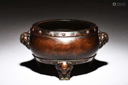 BRONZE CAST TRIPOD CENSER WITH LION HANDLES