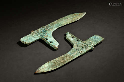 TWO ARCHAIC BRONZE DAGGER-AXE TIPS, GE