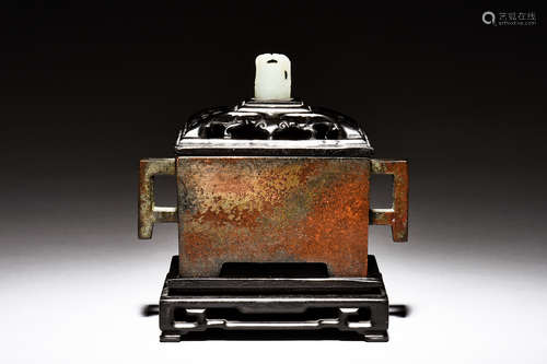 BRONZE CAST RECTANGULAR CENSER WITH ZITAN WOOD BASE AND JADE INSET COVER