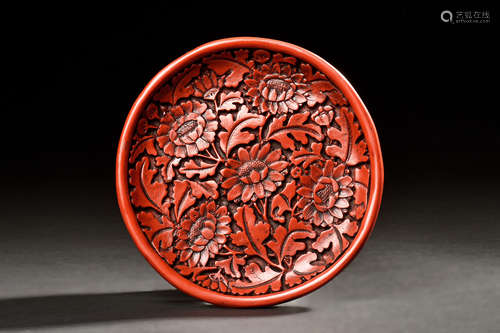 CINNABAR LACQUER CARVED 'FLOWERS' DISH