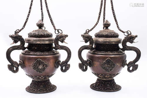 PAIR OF BRONZE CAST CENSERS WITH LIDS AND HANDLES