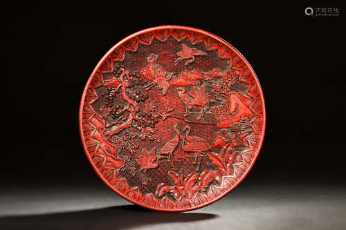 CINNABAR LACUQER CARVED 'CRANES' DISH