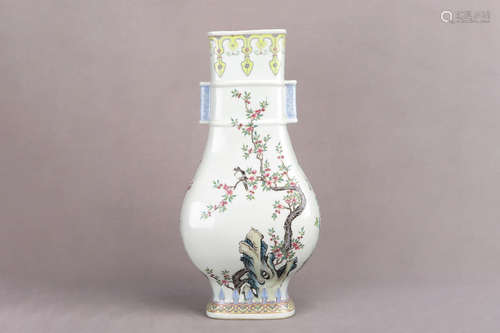 FAMILLE ROSE 'FOUR SEASONS' VASE WITH LUG HANDLES