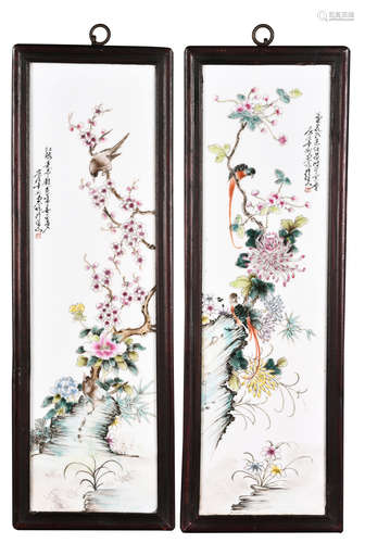 PAIR OF FAMILLE ROSE PORCELAIN PANELS 'FLOWERS & BIRDS'