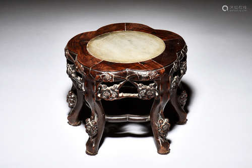 WOOD CARVED AND STONE INSET STOOL