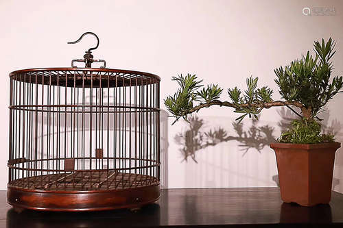 A HAI NAN YELLOW ROSE WOOD COPPER WIRE BIRDCAGE