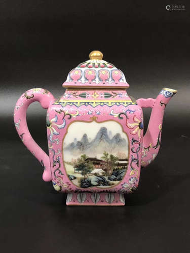 A LANDSCAPE PATTERN ENAMEL TEAPOT