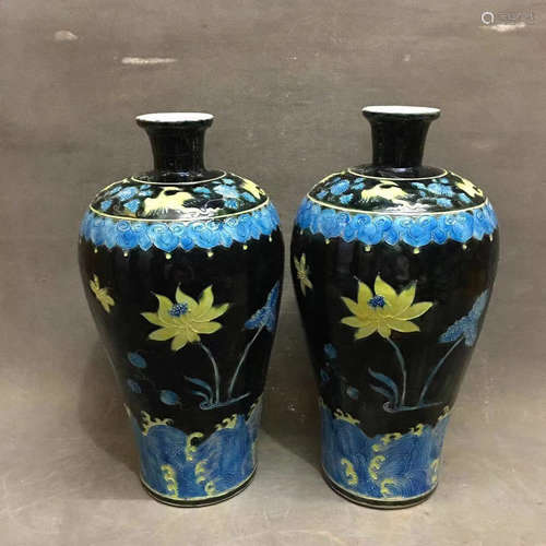 A PAIR OF LOTUS PATTERN FAHUA COLOUR PLUM VASES