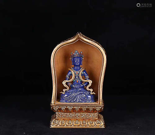 A QING DYNASTY GILT BRONZE SHRINE WITH LAPIS LAZULI FO STATUE