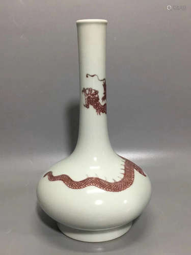 A DRAGON PATTERN RED GLAZED LONG-NECK BOTTLE