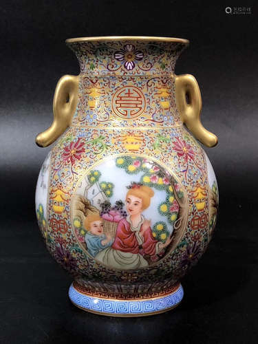 A FIGURES PATTERN DOUBLE-EAR ENAMEL VESSEL