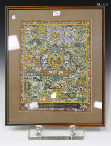 A Tibetan thangka, 20th century, painted in gouache and gilt with a central Buddha within a surround