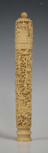A Chinese Canton export ivory needle case and screw cover, mid-19th century, of slightly tapered
