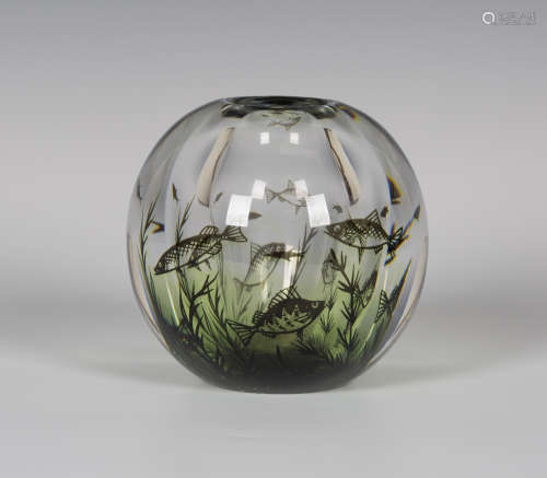 An Orrefors Graal glass vase, circa 1958, designed by Edward Hald, green tinted and decorated in