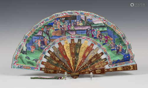 A Chinese Canton export lacquer folding fan, mid-19th century, the vari-coloured pair of guards