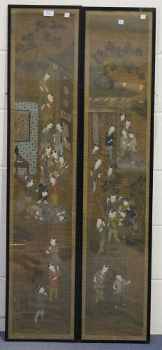 A pair of Chinese paintings on silk, late Qing dynasty, each depicting a group of boys at play in