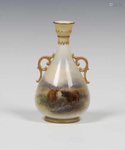 A Royal Worcester porcelain two handled vase of baluster form, circa 1909, painted by Harry Stinton,