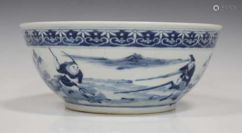 A Chinese blue and white porcelain bowl, mark of Xuande but late Qing dynasty, of steep sided