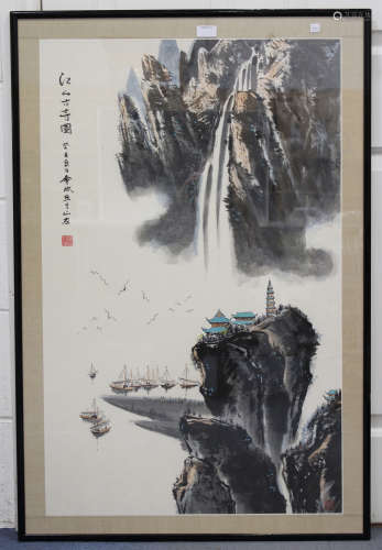 A Chinese watercolour painting on paper, 20th century, depicting a mountainous coastal scene with
