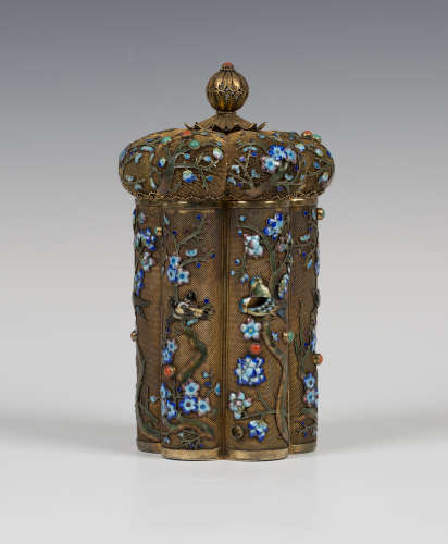 A Chinese, enamelled and stone embellished silver gilt jar and cover, 20th century, of hexalobed