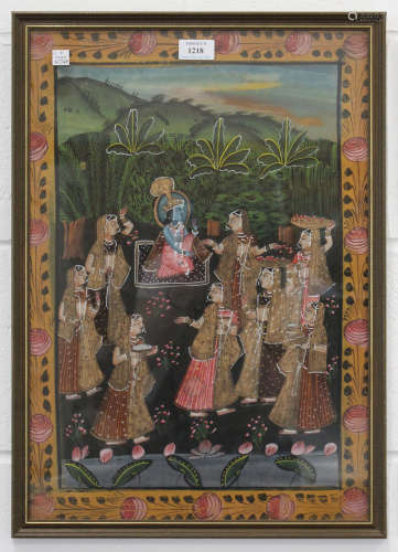 An Indian gouache painting, 20th century, depicting blue Krishna and attendants, 52cm x 36cm, framed