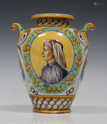 A Ginori Italian maiolica two handled vase, late 19th century, the baluster body painted with a