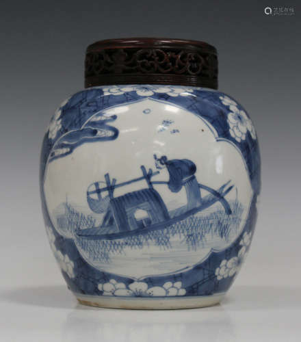 A Chinese blue and white porcelain ginger jar, Kangxi period, of ovoid form, painted with opposing
