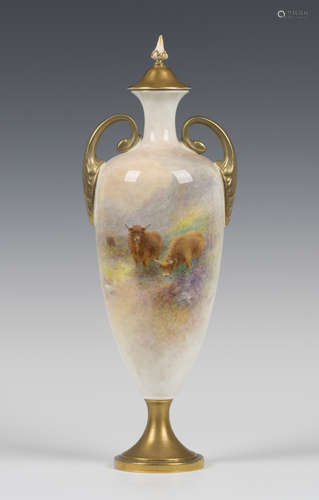 A Royal Worcester porcelain two handled vase and cover, circa 1962, the tapered high shouldered body