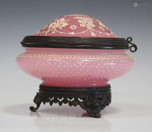 A Continental brass mounted pink glass dressing table jar with hinged lid, late 19th/early 20th