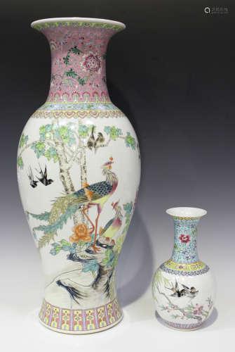 A Chinese famille rose porcelain vase, mid-20th century, of baluster form, painted with birds and