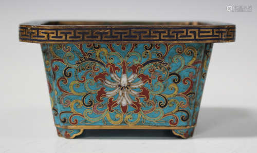 A Chinese cloisonné small jardinière, probably late Qing dynasty, of tapered rectangular form, the