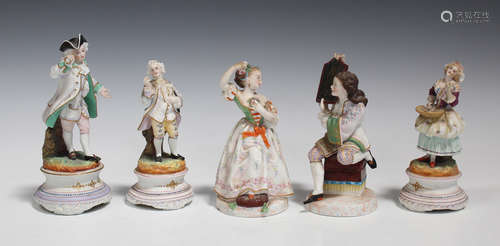 A pair of Jean Gille of Paris bisque porcelain figures, late 19th century, each modelled wearing