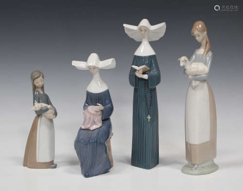 Four Lladro porcelain figures, comprising Time to Sew, No. 5501, Prayerful Moment, No. 5500, Girl