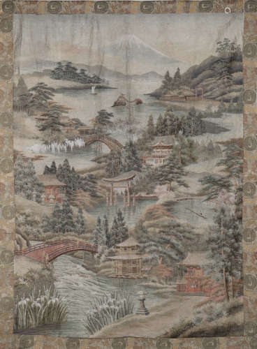 An impressive Japanese silk embroidered tapestry wall hanging, early 20th century, finely worked