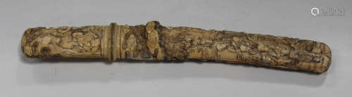 A Japanese carved ivory mounted tanto, Meiji period, the handle and scabbard finely carved in relief