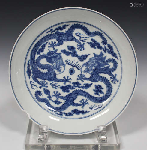 A Chinese blue and white porcelain circular dish, mark of Guangxu but later, the centre painted with