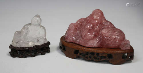 A Chinese rose quartz carving of Buddha, early 20th century, modelled seated on his sack, length