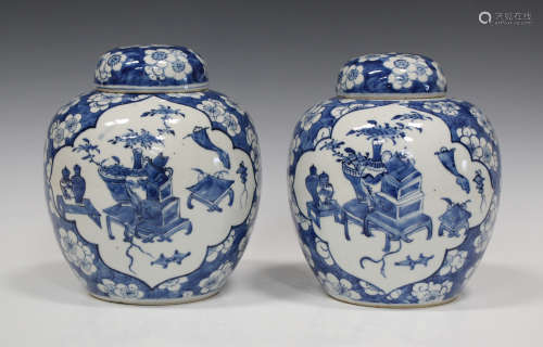 A pair of Chinese blue and white porcelain ginger jars and covers, mark of Kangxi but late 19th