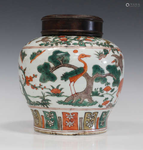 A Chinese famille verte porcelain jar, mark of Wanli but late 20th century, of stout shouldered