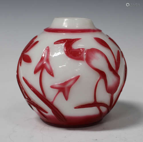 A Chinese Peking red on white overlay glass jar, probably late Qing dynasty, of globular form,