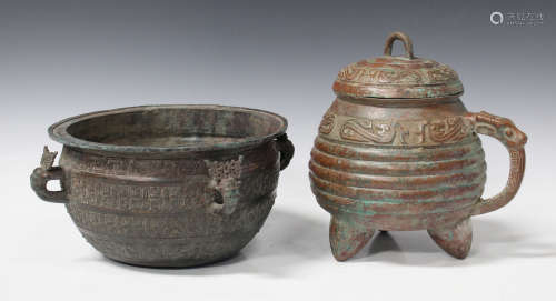 Two Chinese archaistic bronze vessels, modern, one of ribbed form with cover and loop handle, height