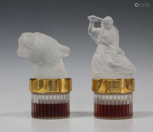 A Lalique frosted and clear glass perfume bottle, circa 2005, in the form of a samurai above a