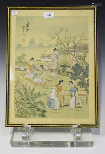 A pair of Chinese watercolour paintings on fabric, 20th century, each depicting maidens out of doors