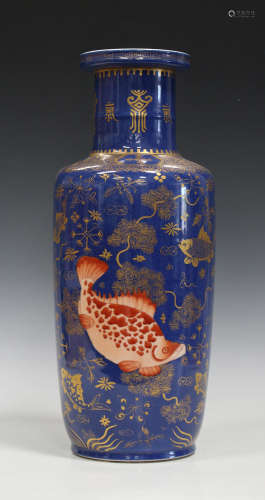 A Chinese blue ground porcelain rouleau vase, mark of Kangxi but modern, painted with three iron red