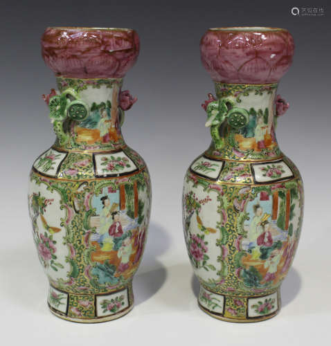 A pair of Chinese Canton famille rose porcelain vases, mid-19th century, each shouldered body