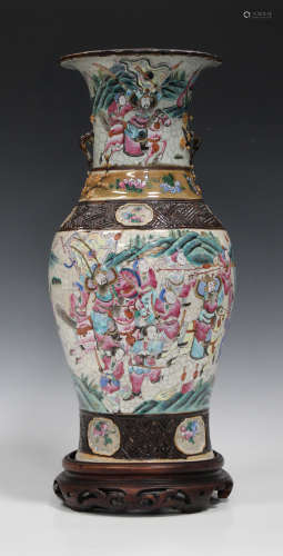 A Chinese famille rose enamelled crackle glazed porcelain vase, late Qing dynasty, the baluster body
