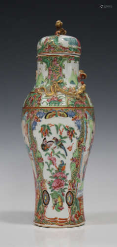 A Chinese Canton famille rose porcelain vase and cover, late 19th century, of baluster form, painted