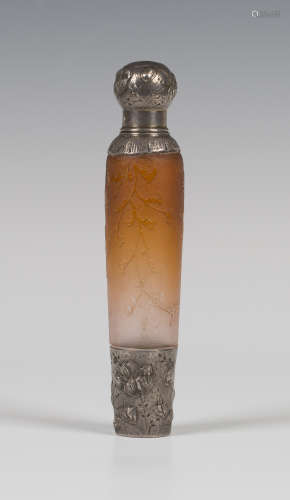 A French silver mounted acid etched cameo glass scent bottle, possibly Baccarat, circa 1900, of